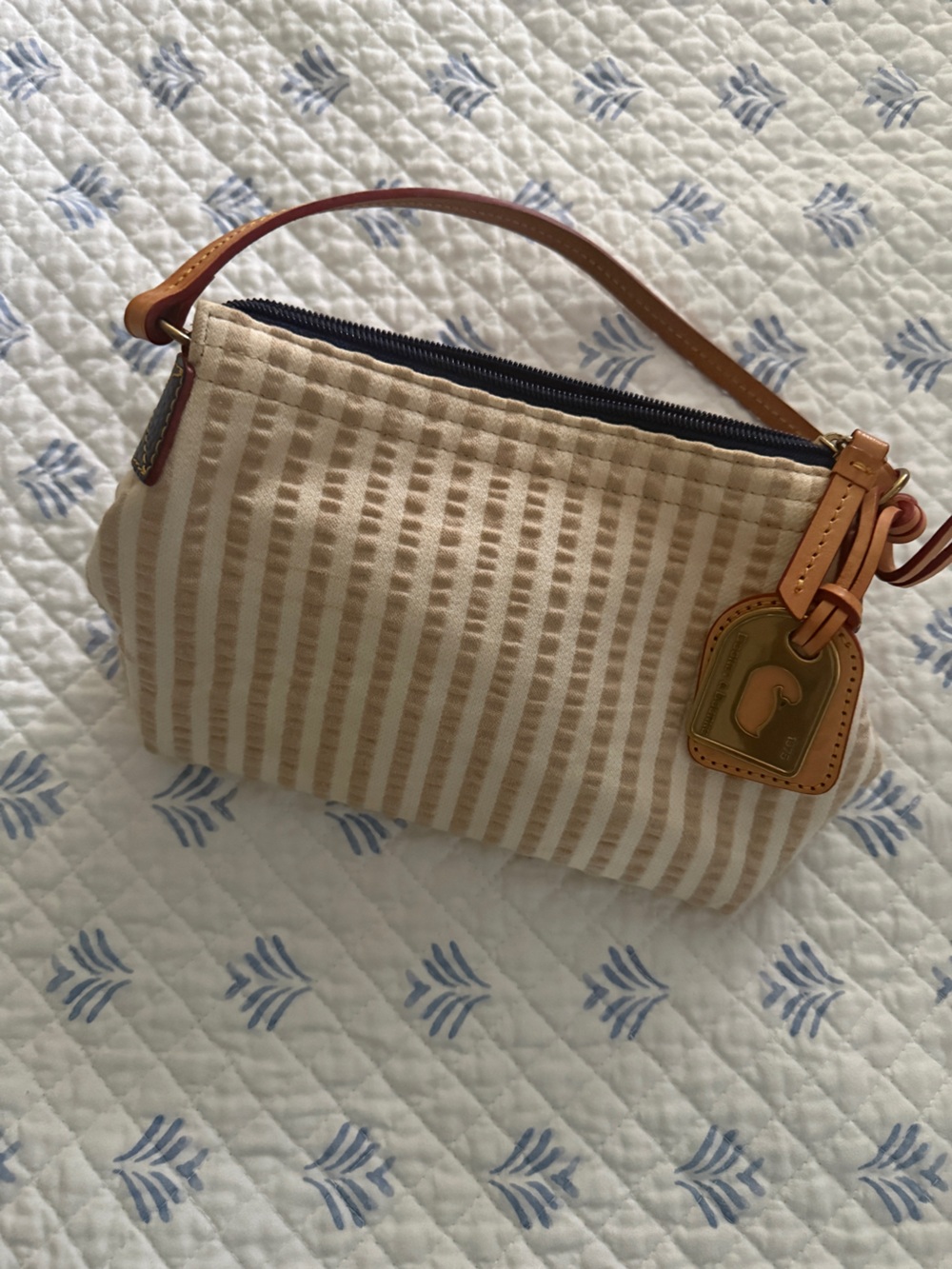 Dooney & Bourke Beige Striped Wristlet with Leather Trim